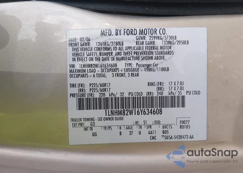 2006 Lincoln Town Car Signature Limited из США, поврежденный, VIN 1LNHM82W16Y634608